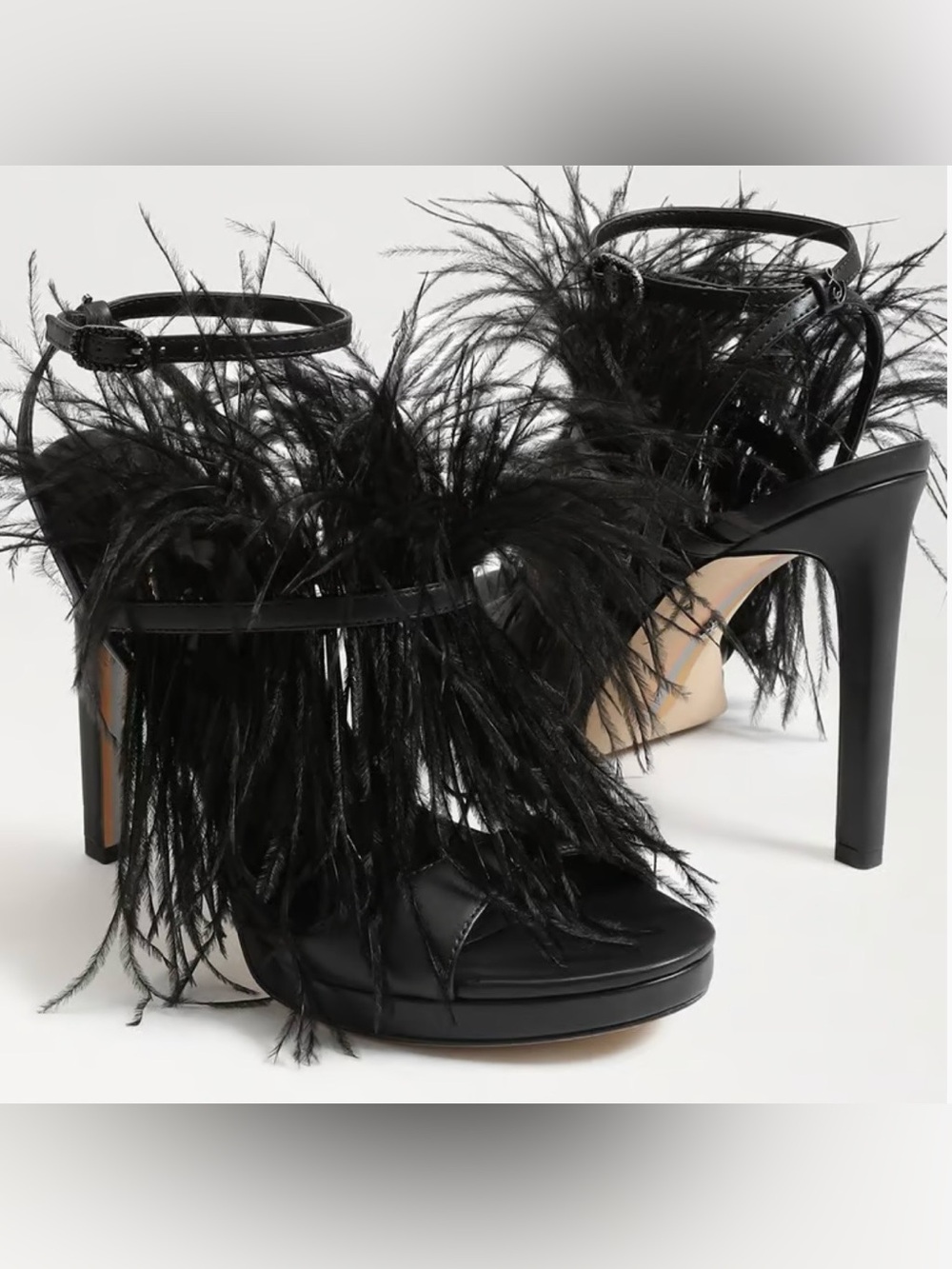 Sam Edelman Jacinta Black Feathered Ankle-Strap Stiletto Glam Luxe Goth Edgy Sz5 - Picture 4 of 10